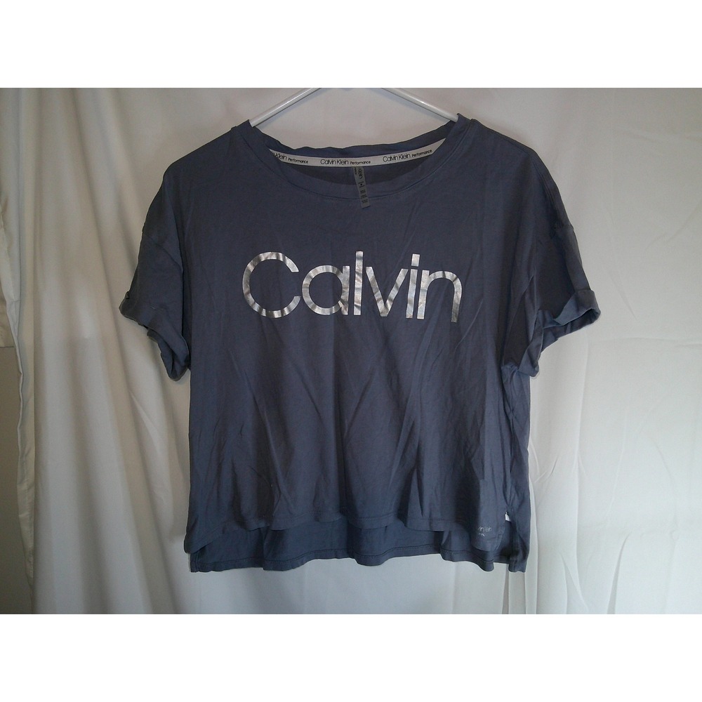 Calvin Klein Performance Top Silver Logo Cropped Tee‎ Shirt Women's M